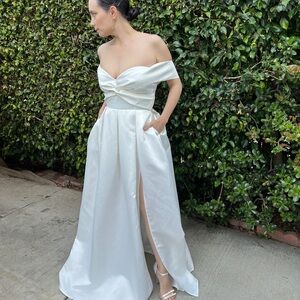 Off shoulder Aline satin wedding Gown with leg slit